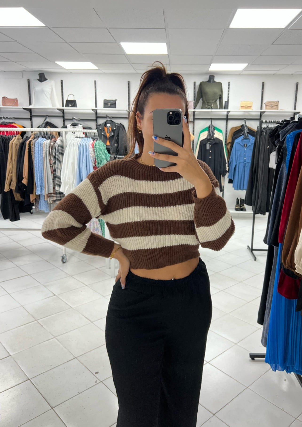 Pull Marron et Vert - Boutique de vêtements pour femmes DRAGUIGNAN