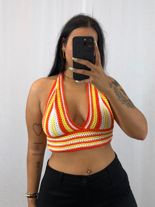 Vaea - Top en crochet orange jaune blanc