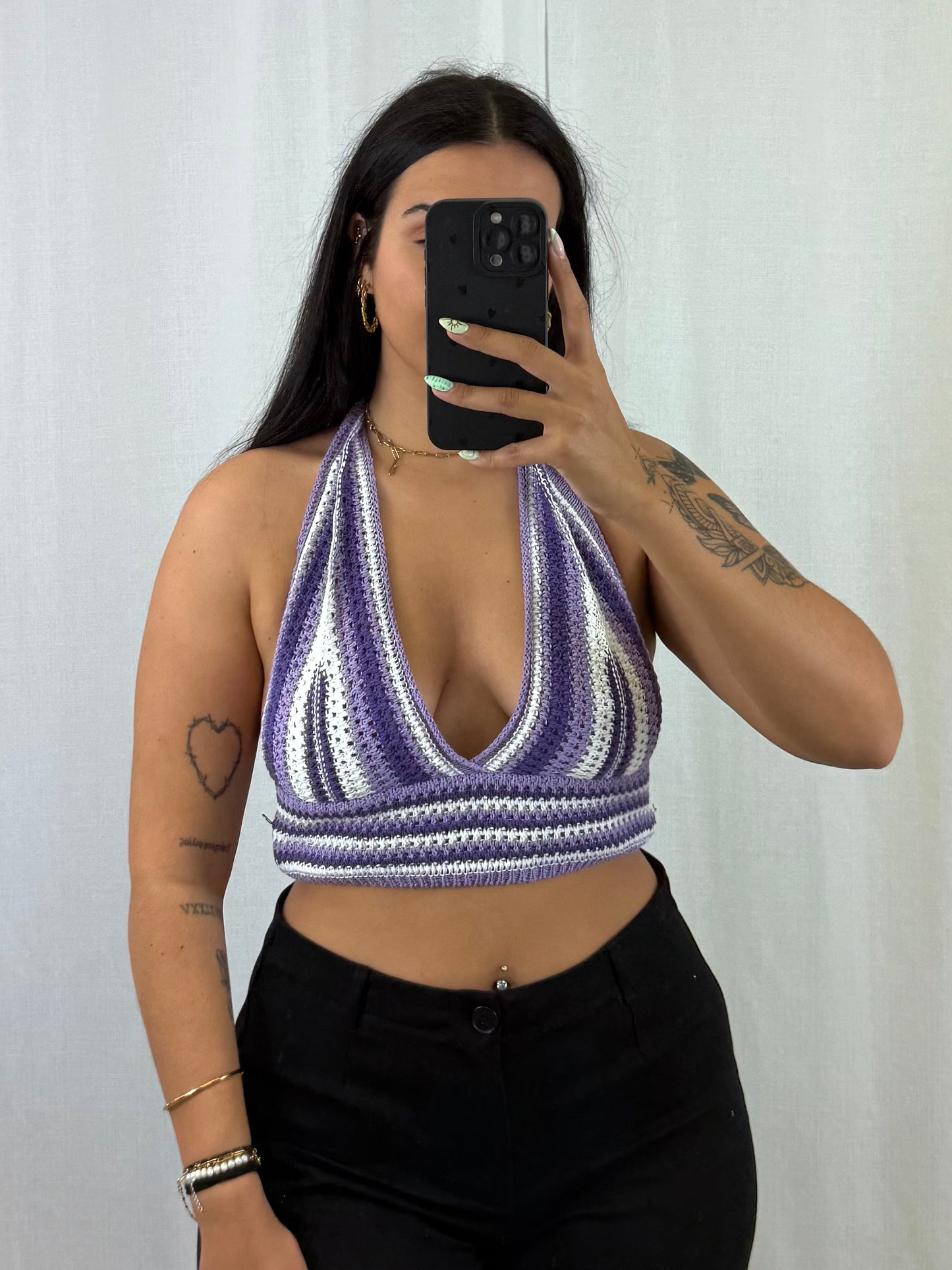 Vaea - Top en crochet violet clair foncé et blanc
