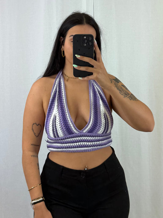 Vaea - Top en crochet violet clair foncé et blanc