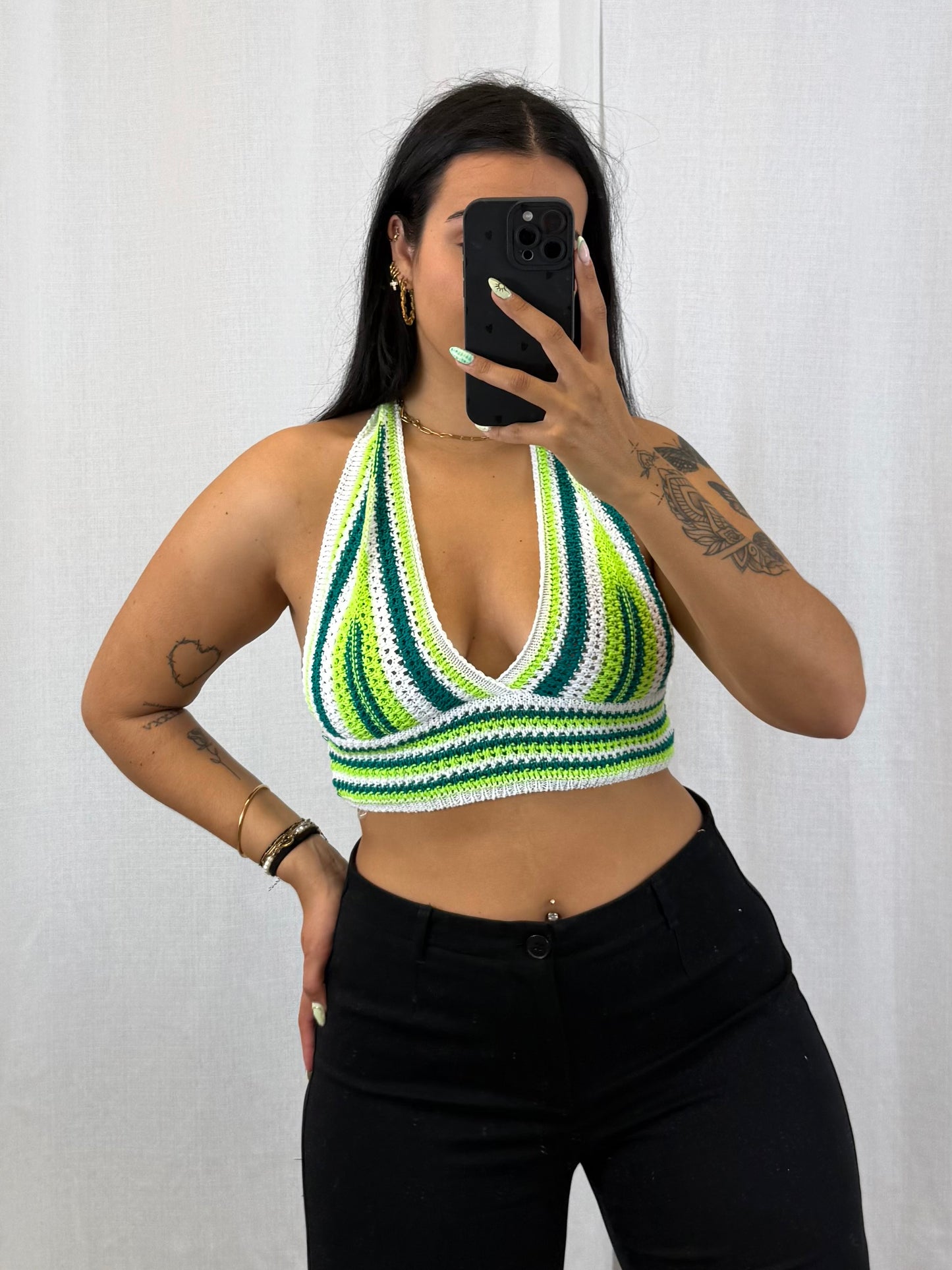 Vaea - Top en crochet vert clair foncé et blanc