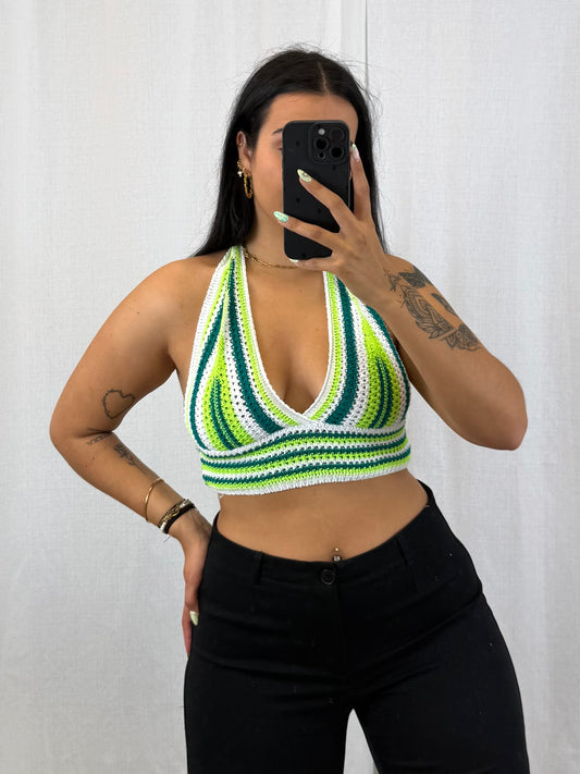 Vaea - Top en crochet vert clair foncé et blanc