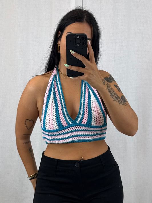 Vaea - Top en crochet bleu rose blanc