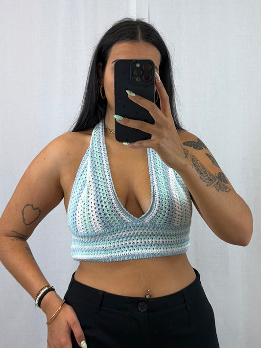 Vaea - Top en crochet bleu turquoise blanc