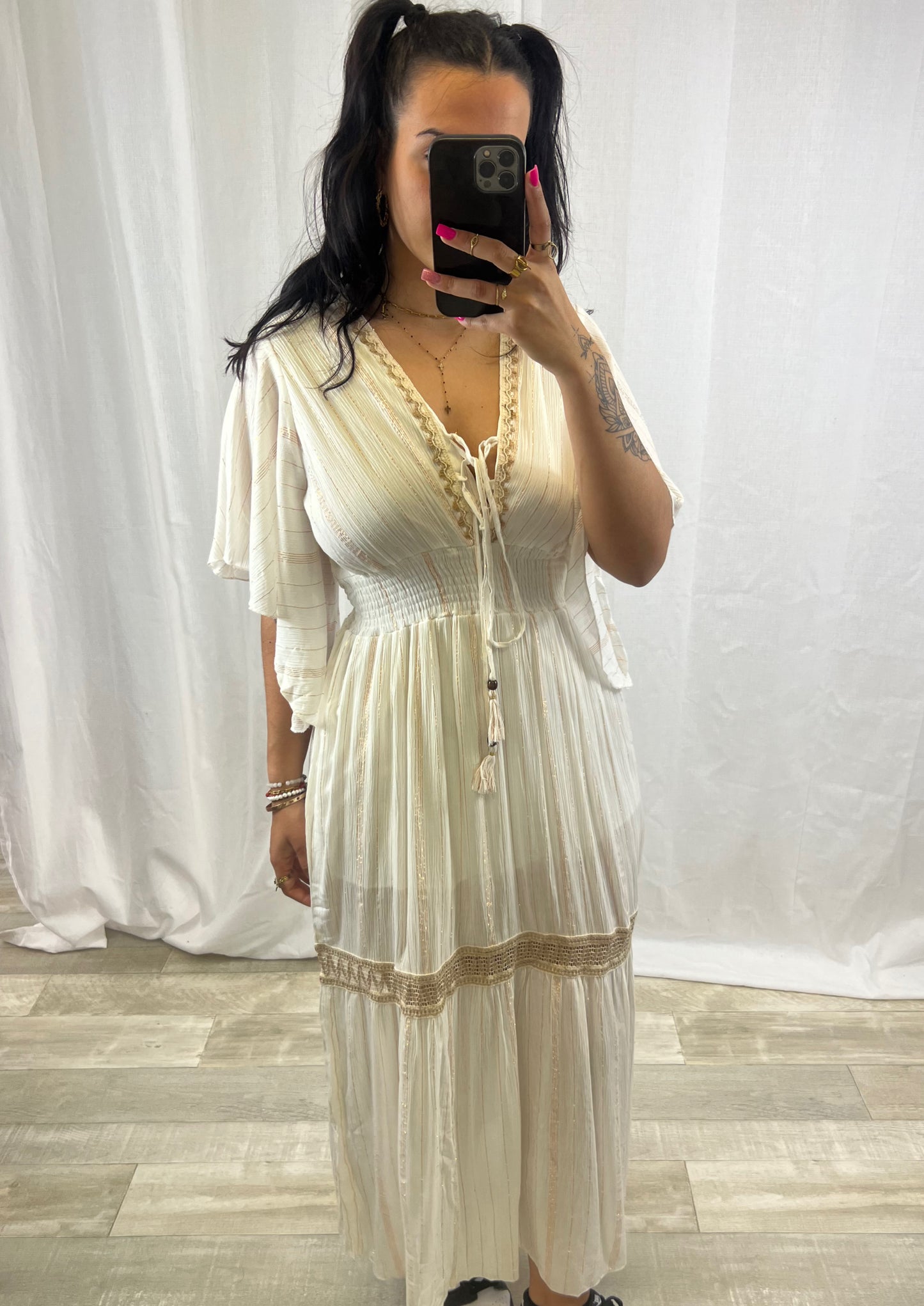 Robe longue blanche et doré - Boutique de vêtements pour femmes DRAGUIGNAN