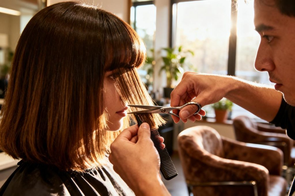 Découvrez la coupe cheveux mi long dégradé effilé avec frange 60 ans